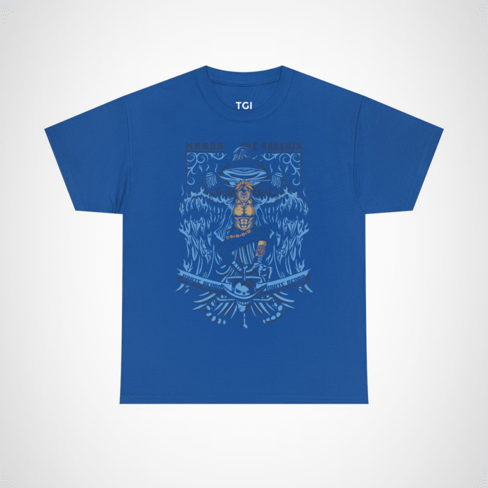 Maroo the Phoenix inspired t-shirt featuring bold anime design Royal colour
