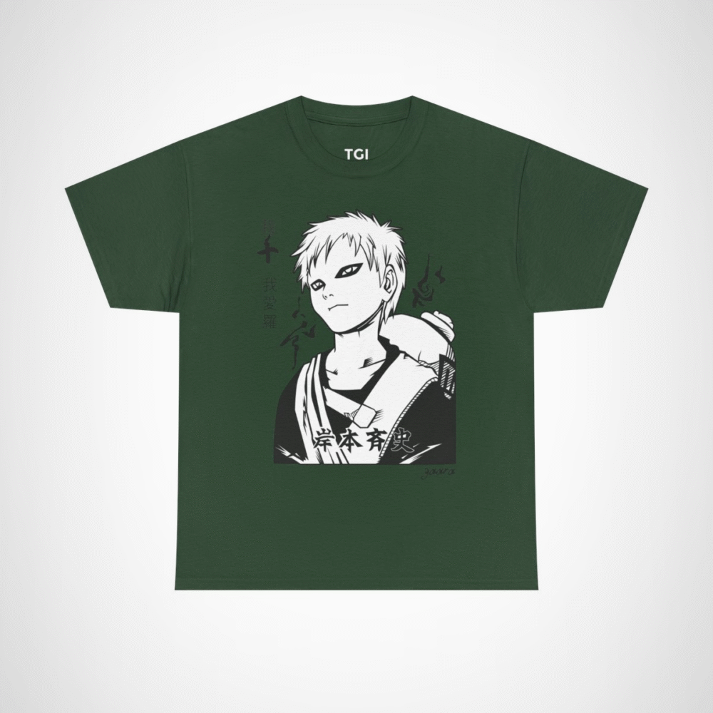 Monochrome manga character line art t-shirt for manga fans Forest Green colour