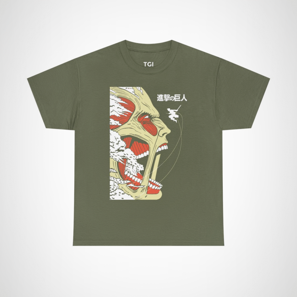 Epic Titan Face Attack on Titan T-Shirt showcasing bold anime design Military Green colour