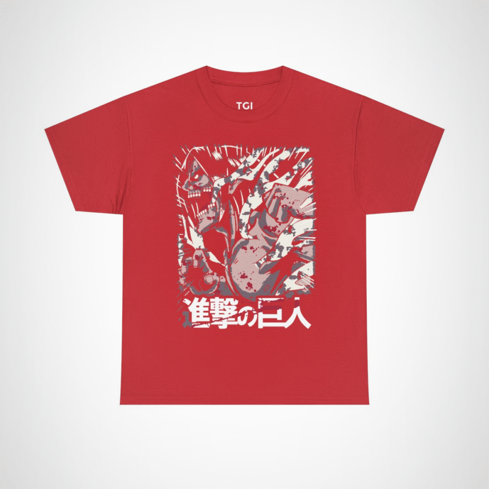 Fierce Attack on Titan inspired t-shirt featuring iconic character design Red colour