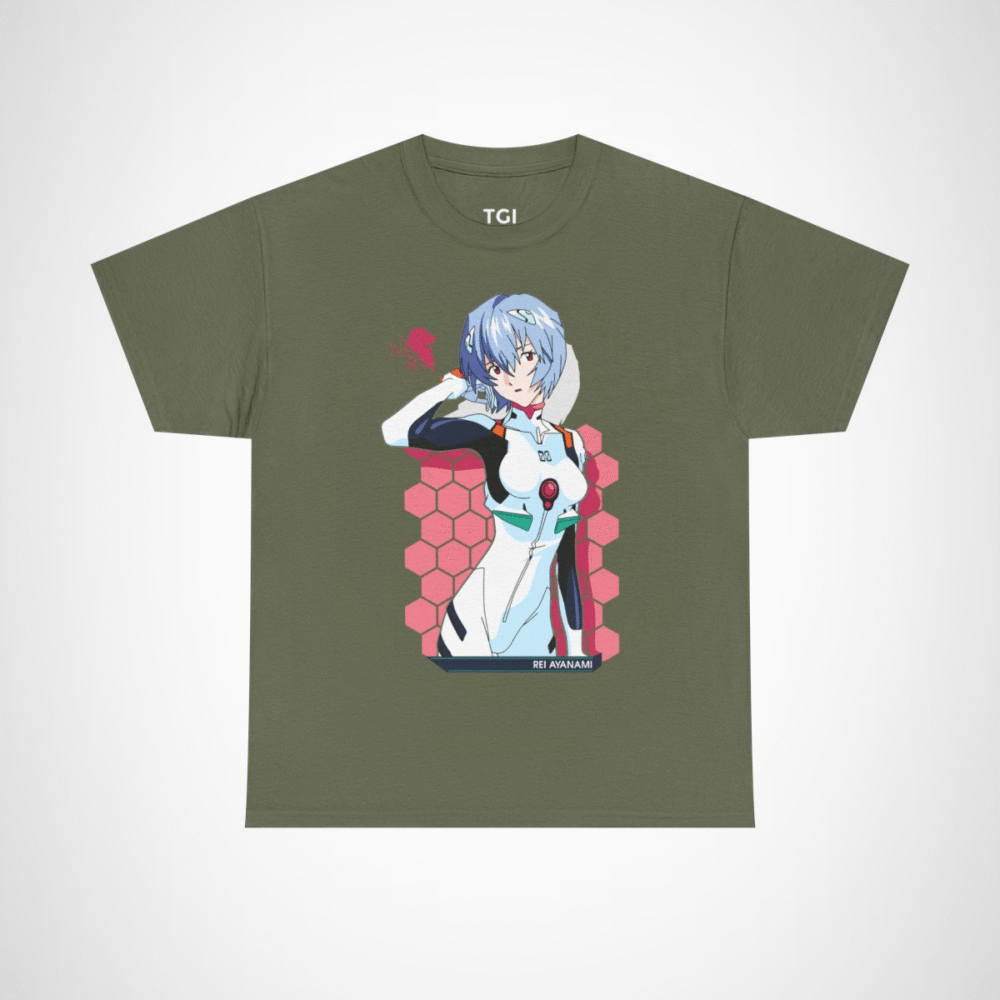 Rei Ayanami Neon Genesis Evangelion T-Shirt design featuring vibrant artwork Military Green colour