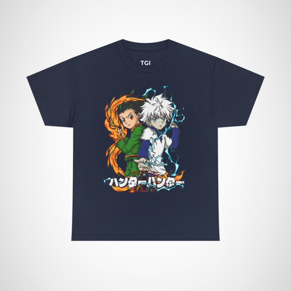 Stylish t-shirt featuring Gon and Killua from Hunter x Hunter, perfect for anime fans. Navy colour