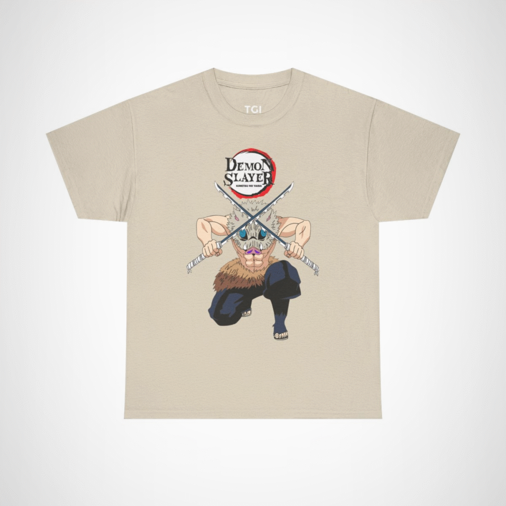 Demon Slayer T-Shirt with fierce warrior design and dual swords Sand colour