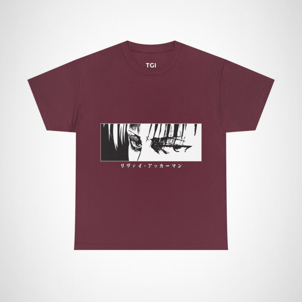 Graphic tee featuring Levi Ackerman's iconic eyes Maroon colour