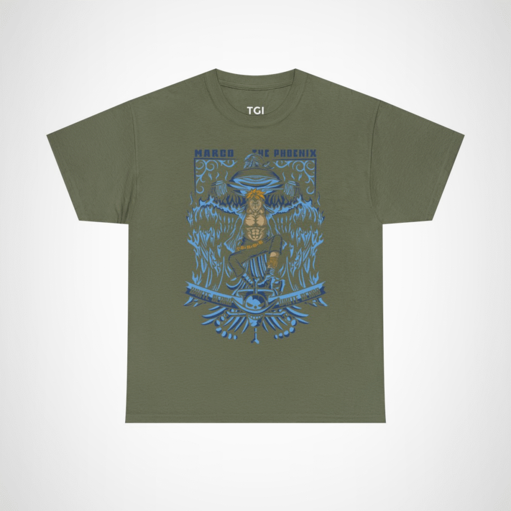 Maroo the Phoenix inspired t-shirt featuring bold anime design Military Green colour