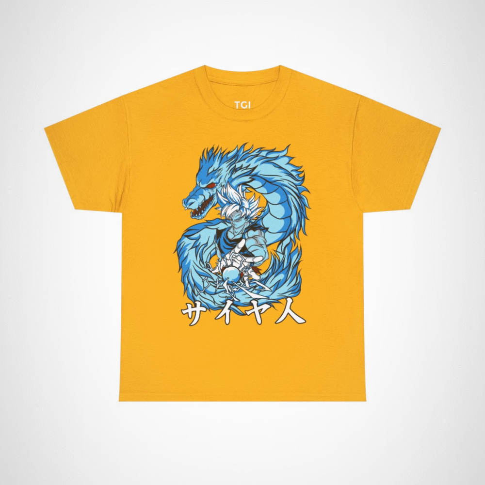 Epic Saiyan Dragon Power Graphic Tee for anime enthusiasts Gold colour
