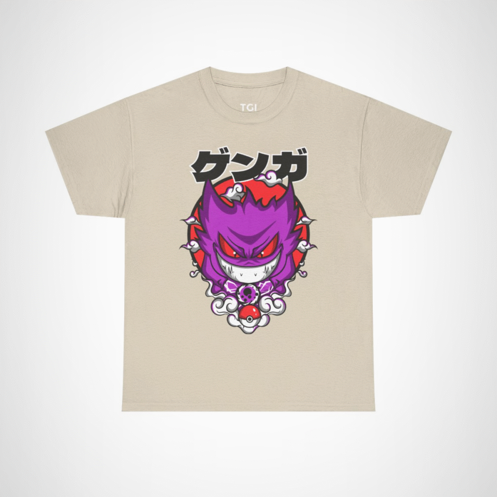 Gengar Ghostly Adventures T-Shirt featuring vibrant design and swirling clouds Sand colour