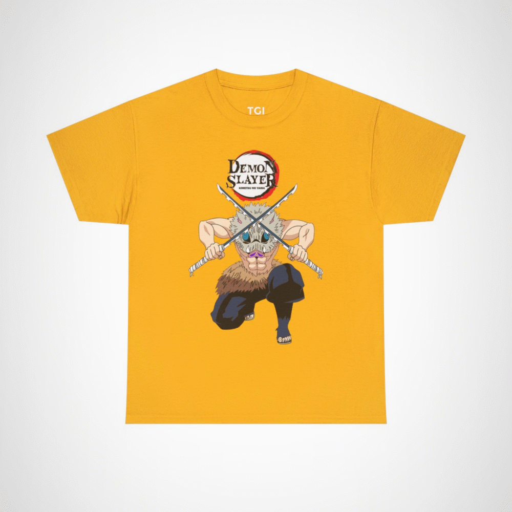 Demon Slayer T-Shirt with fierce warrior design and dual swords Gold colour