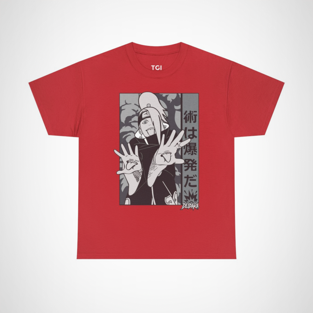 Deidara Expressionist Tee showcasing vibrant anime art and character pose Red colour