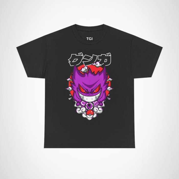 Gengar Ghostly Adventures T-Shirt featuring vibrant design and swirling clouds Black colour