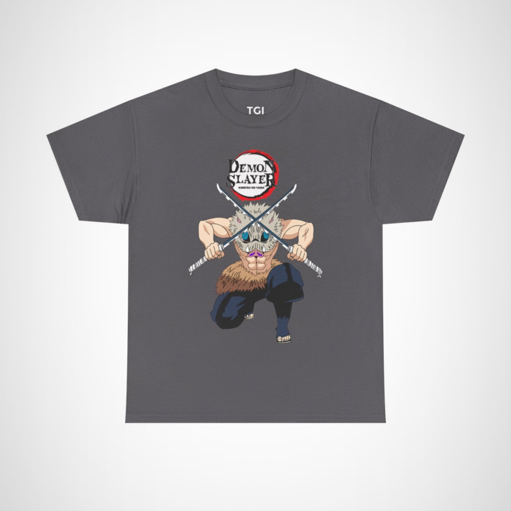 Demon Slayer T-Shirt with fierce warrior design and dual swords Charcoal colour