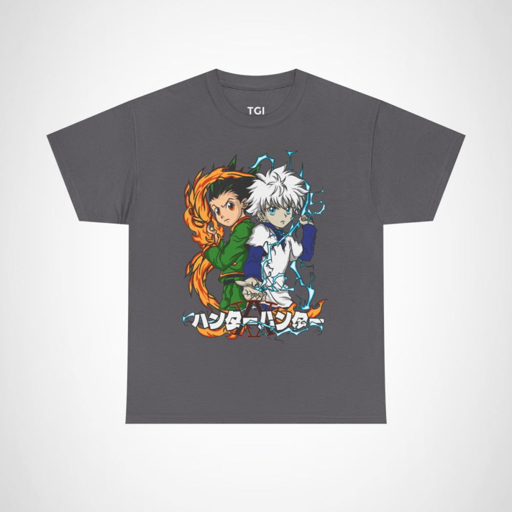 Stylish t-shirt featuring Gon and Killua from Hunter x Hunter, perfect for anime fans. Charcoal colour