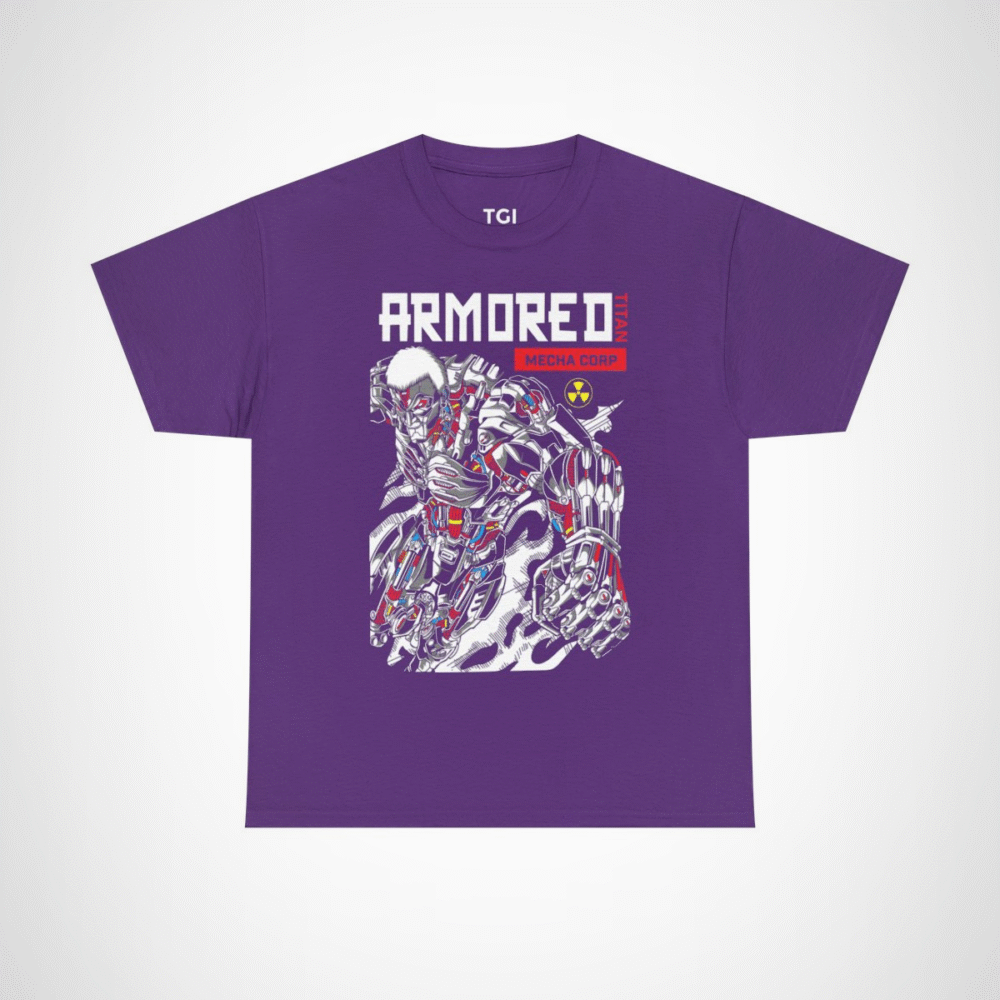 Armored Titan Mecha Graphic Tee displayed in a stylish manner Purple colour