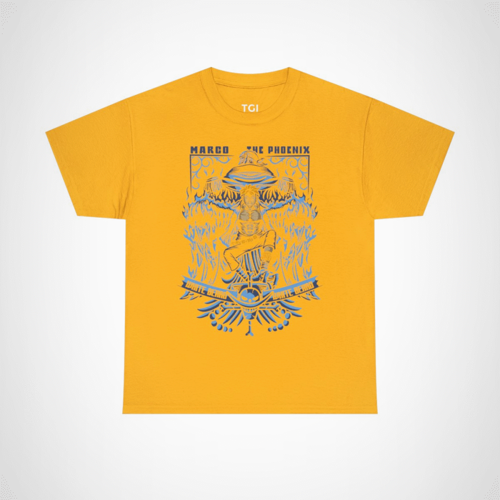 Maroo the Phoenix inspired t-shirt featuring bold anime design Gold colour