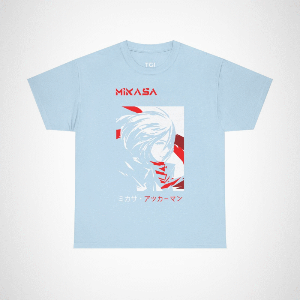 Mikasa Ackerman T-Shirt featuring vibrant artwork from Attack on Titan Light Blue colour