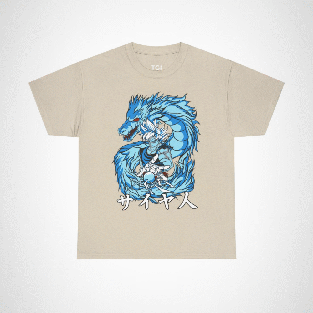 Epic Saiyan Dragon Power Graphic Tee for anime enthusiasts Sand colour