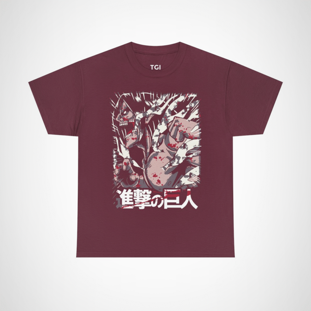 Fierce Attack on Titan inspired t-shirt featuring iconic character design Maroon colour