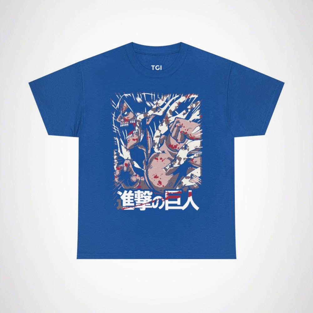 Fierce Attack on Titan inspired t-shirt featuring iconic character design Royal colour
