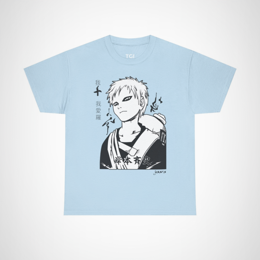 Monochrome manga character line art t-shirt for manga fans Light Blue colour