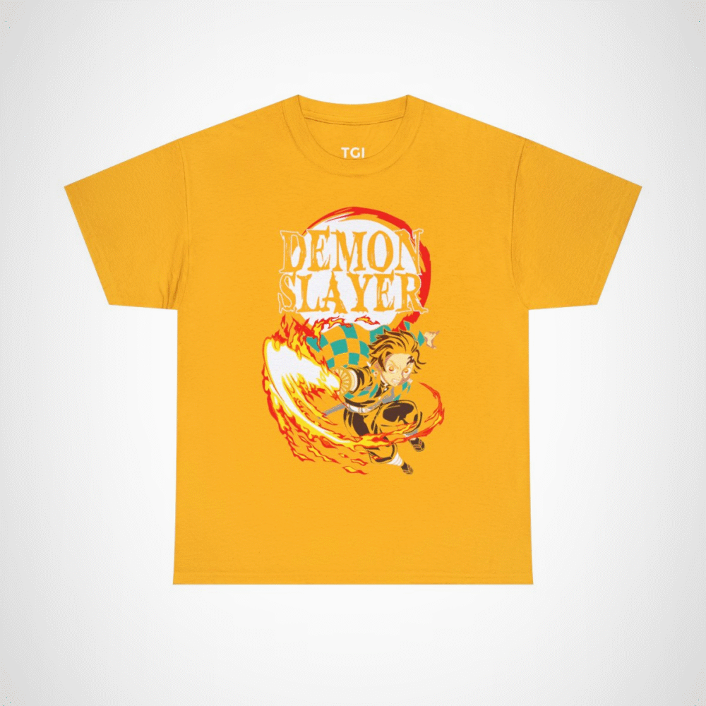 Demon Slayer Fiery Hero T-Shirt with dynamic anime character design Gold colour