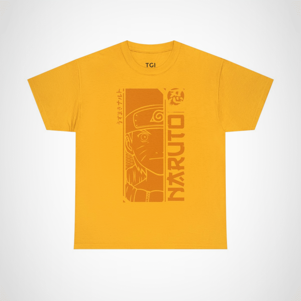 Naruto Uzumaki graphic t-shirt showcasing vibrant design for anime fans Gold colour
