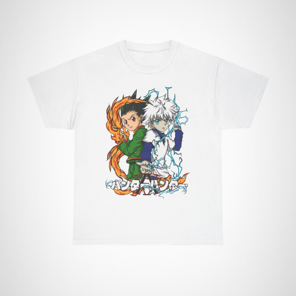 Stylish t-shirt featuring Gon and Killua from Hunter x Hunter, perfect for anime fans. White colour