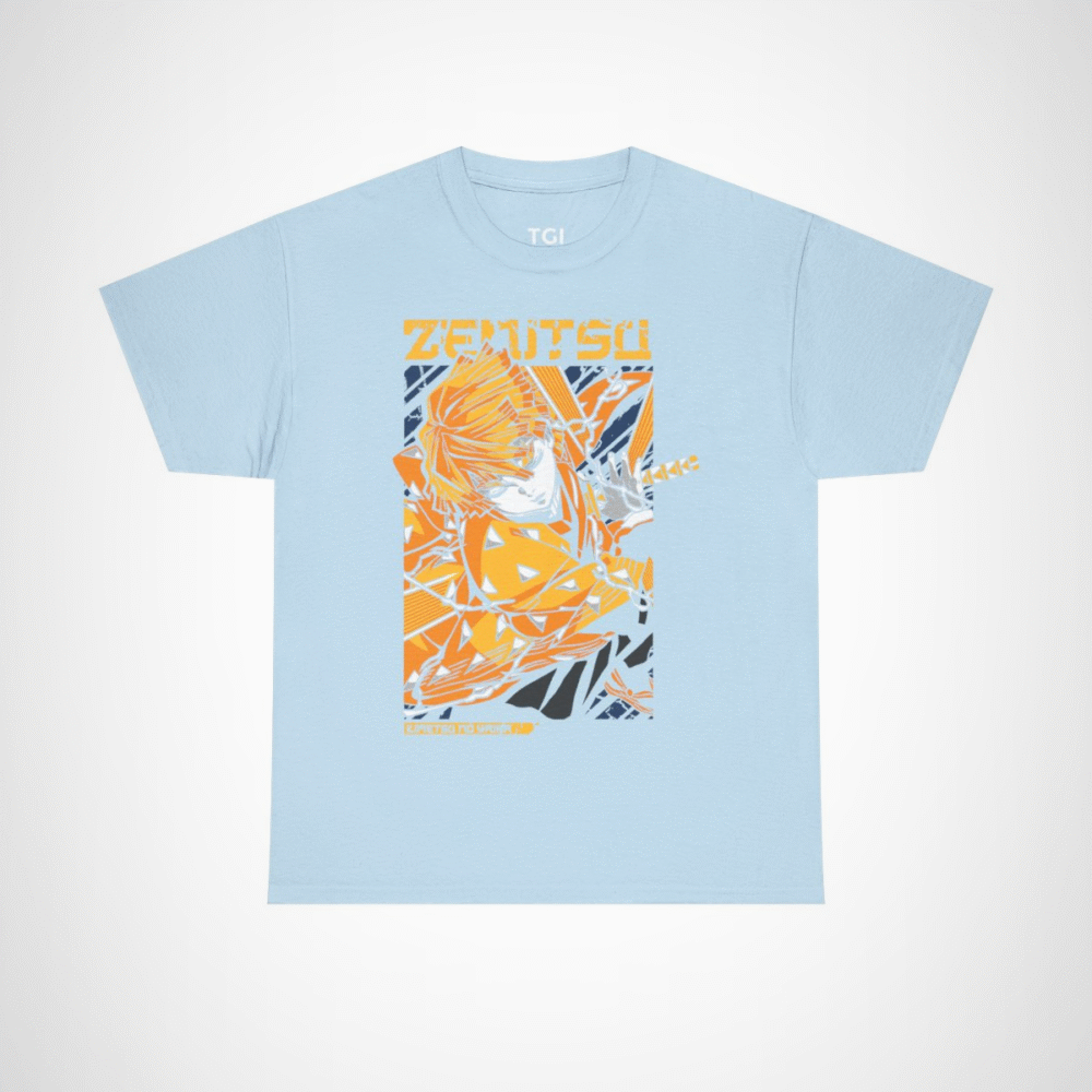 Vibrant Zenitsu Agatsuma T-Shirt featuring dynamic anime artwork Light Blue colour