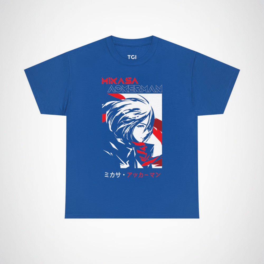 Mikasa Ackerman T-Shirt featuring vibrant artwork from Attack on Titan Royal colour