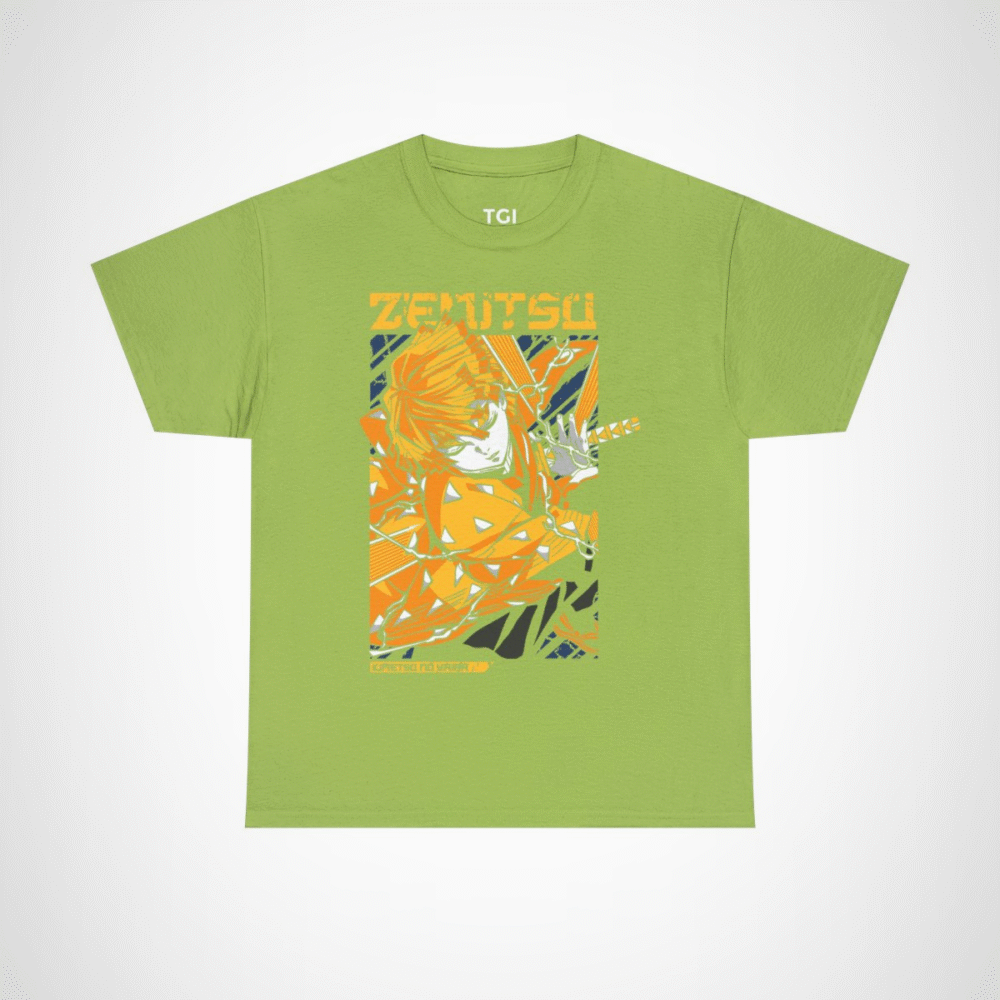 Vibrant Zenitsu Agatsuma T-Shirt featuring dynamic anime artwork Kiwi colour