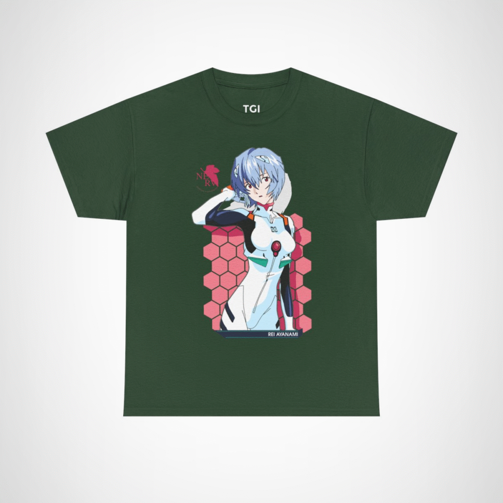 Rei Ayanami Neon Genesis Evangelion T-Shirt design featuring vibrant artwork Forest Green colour