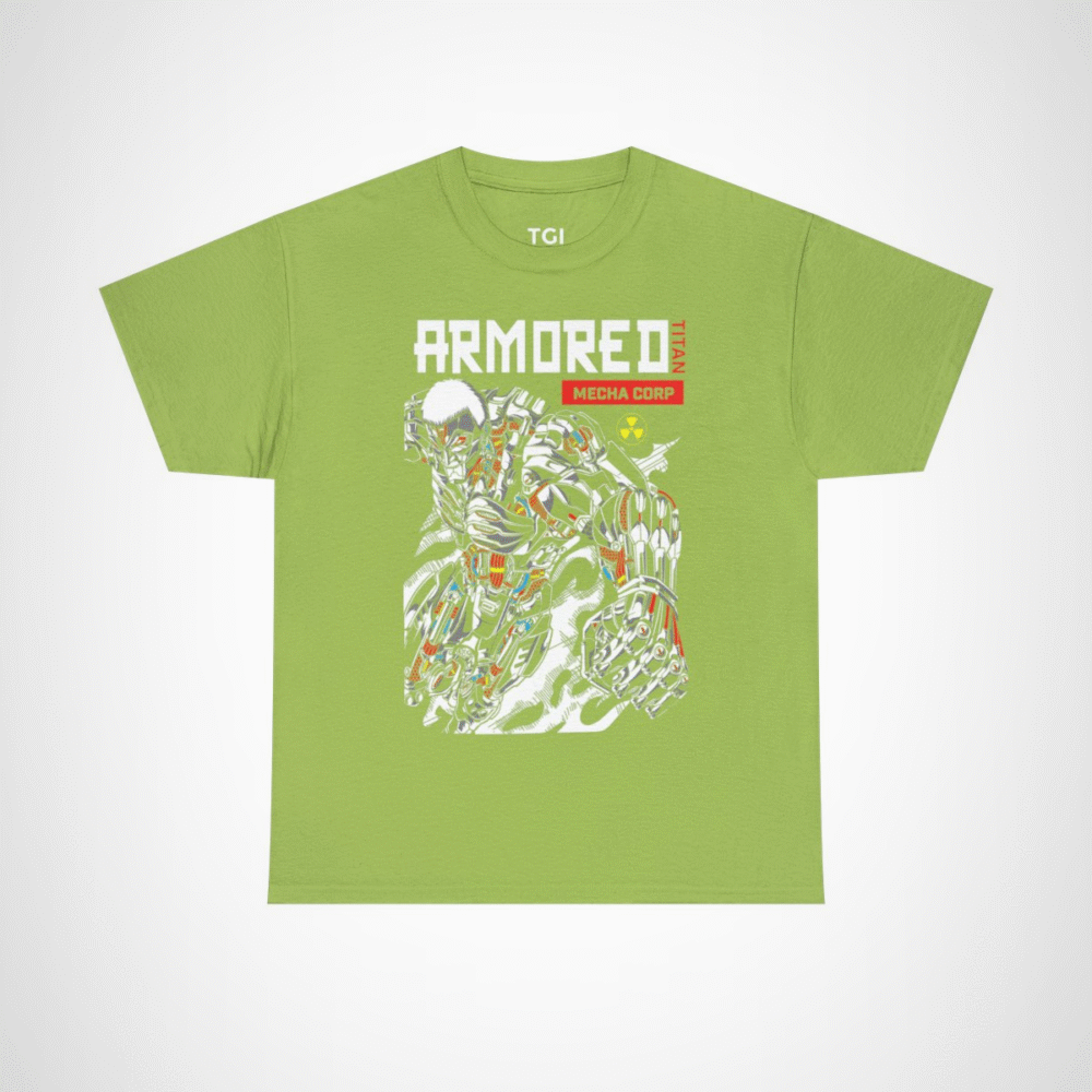 Armored Titan Mecha Graphic Tee displayed in a stylish manner Kiwi colour