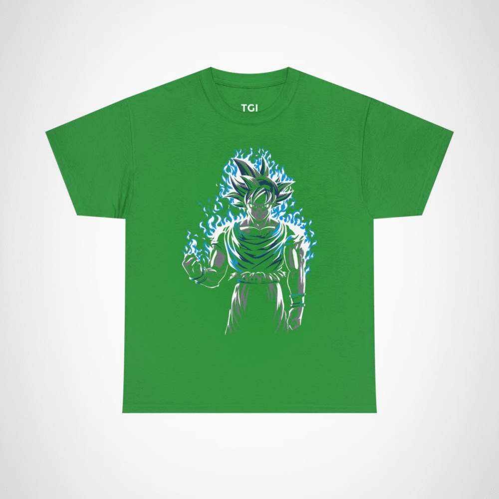Epic Saiyan Power T-Shirt featuring a character surrounded by blue flames Irish Green colour