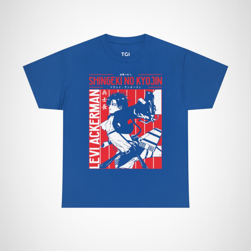 Levi Ackerman graphic t-shirt from Attack on Titan, perfect for anime fans Royal colour