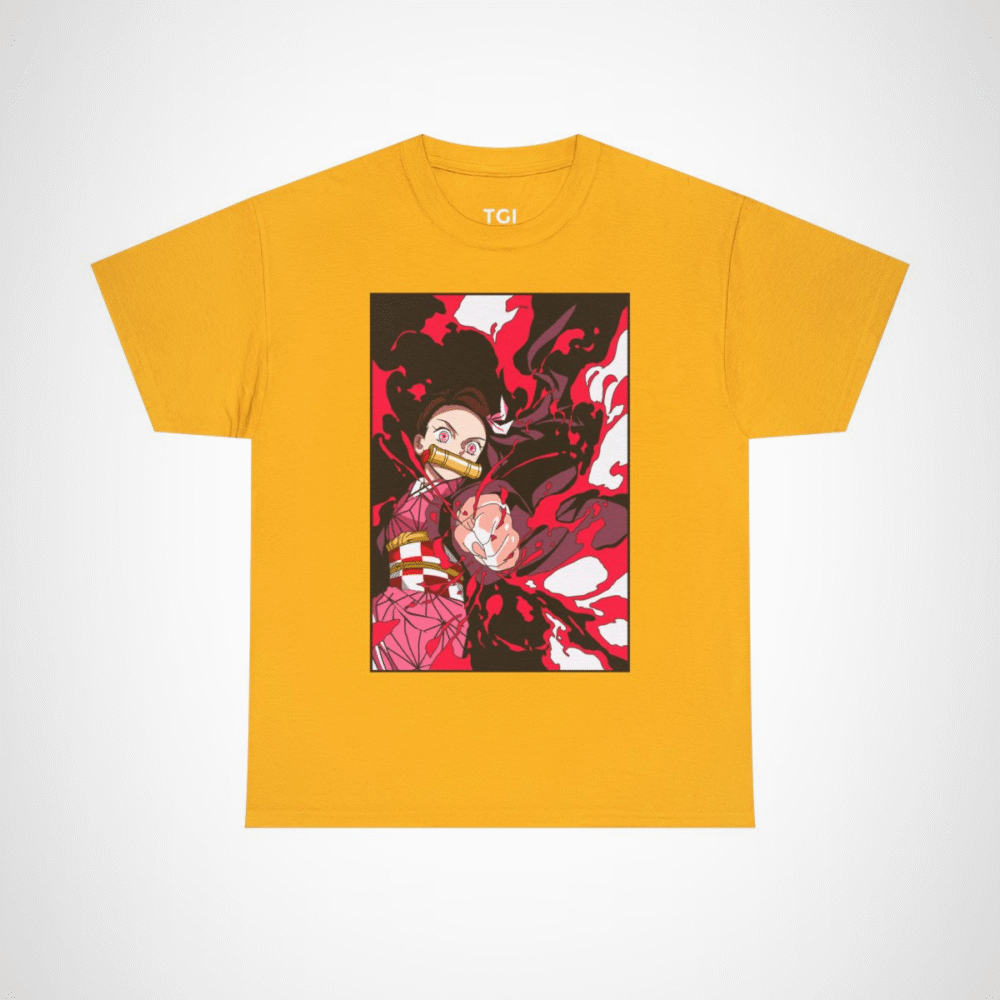 Fierce anime character graphic t-shirt for anime enthusiasts Gold colour