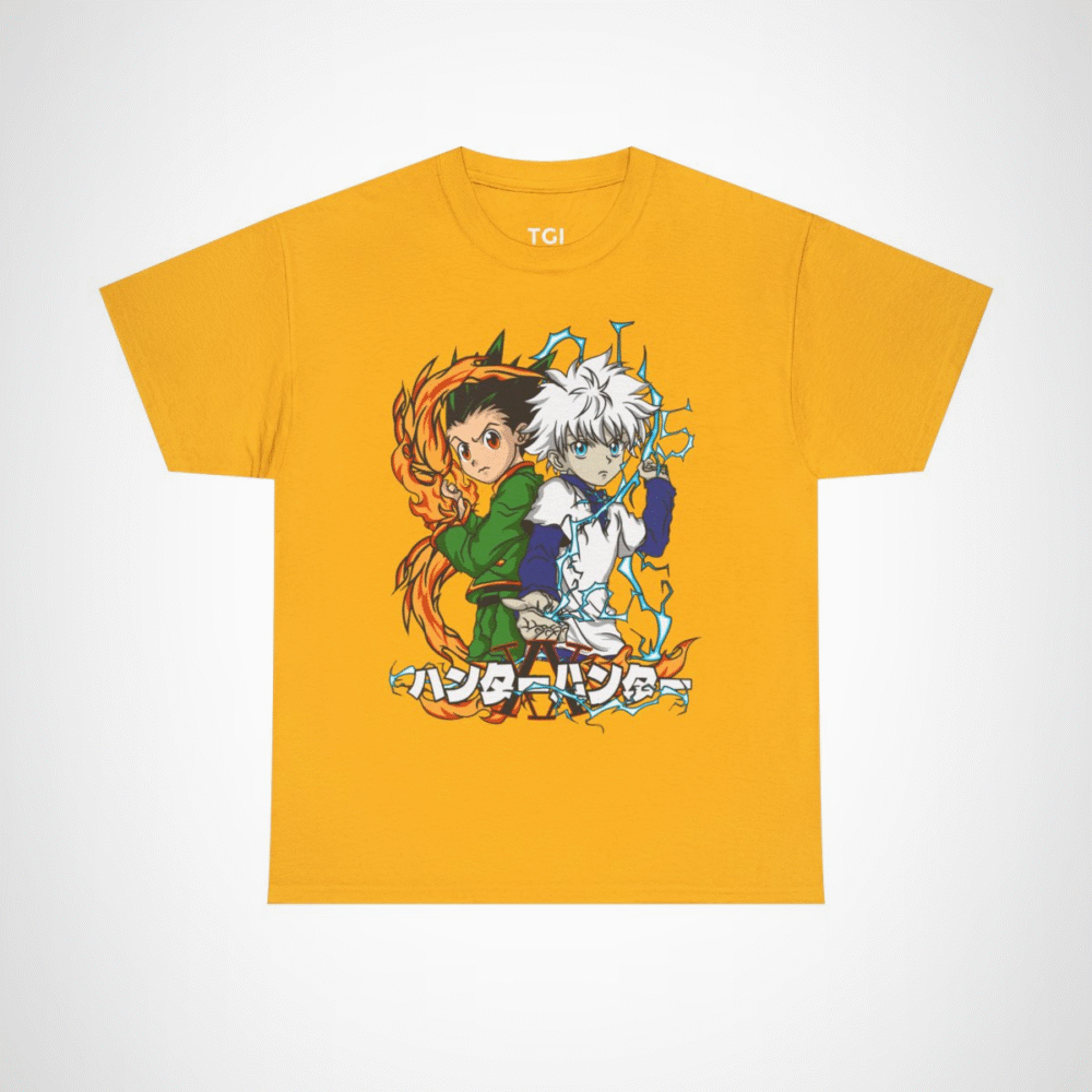 Stylish t-shirt featuring Gon and Killua from Hunter x Hunter, perfect for anime fans. Gold colour