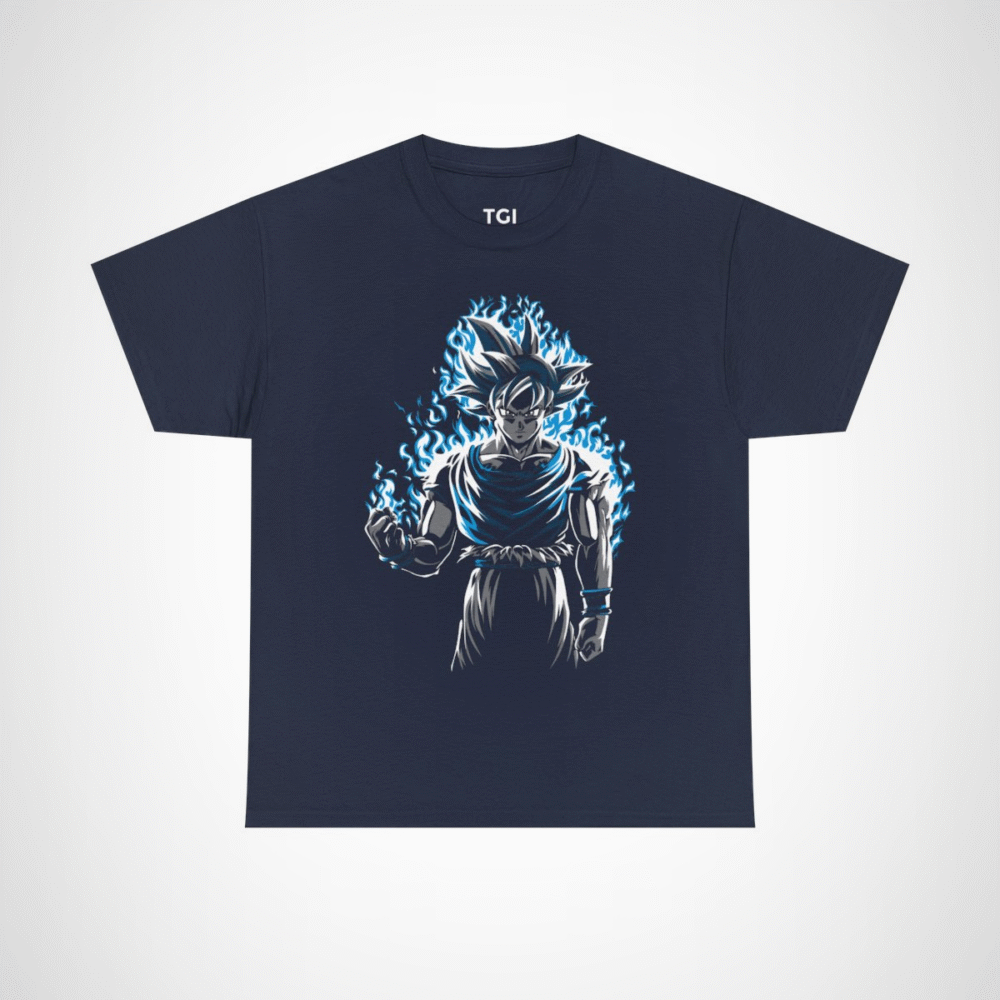 Epic Saiyan Power T-Shirt featuring a character surrounded by blue flames Navy colour