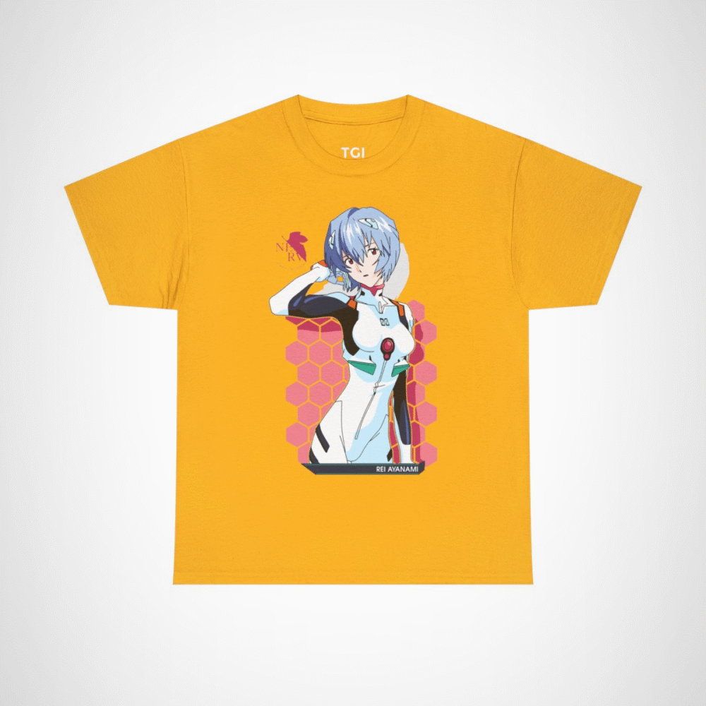 Rei Ayanami Neon Genesis Evangelion T-Shirt design featuring vibrant artwork Gold colour