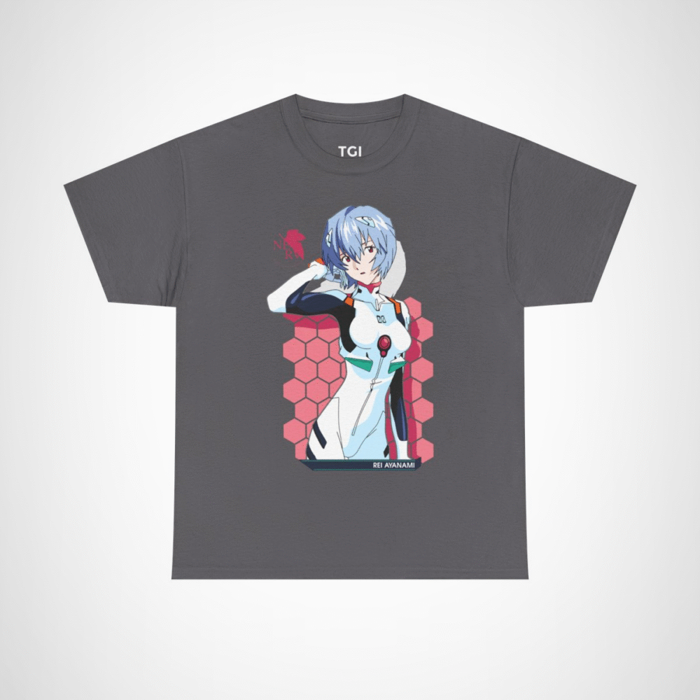 Rei Ayanami Neon Genesis Evangelion T-Shirt design featuring vibrant artwork Charcoal colour