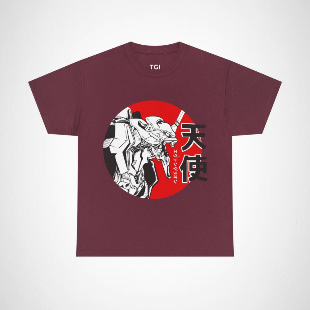 Epic Evangelion Mecha T-Shirt featuring stunning robot illustration Maroon colour