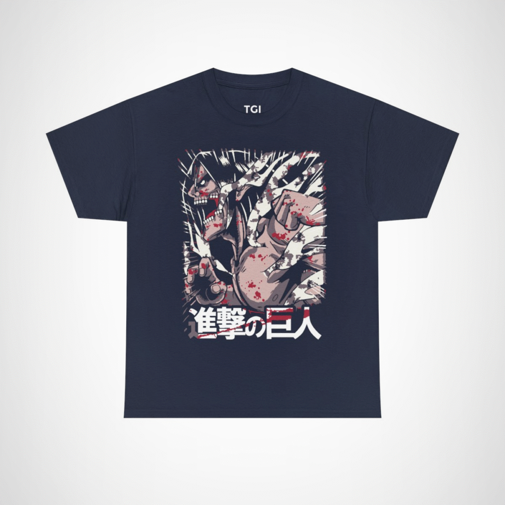 Fierce Attack on Titan inspired t-shirt featuring iconic character design Navy colour