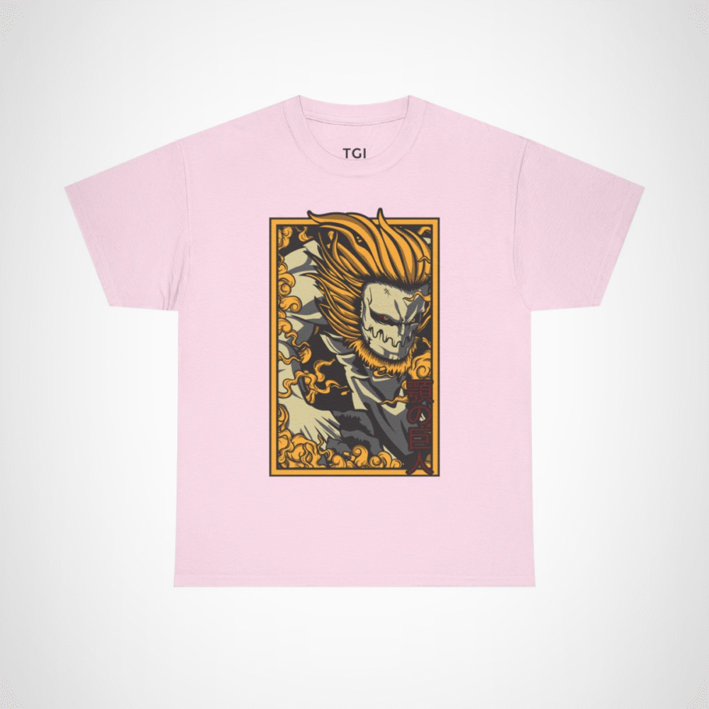 Fearless Giant Graphic Tee showcasing a giant with flames design Light Pink colour