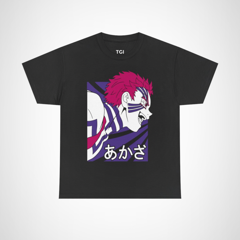 Fierce Akaza Anime Tee showcasing vibrant design and character illustration Black colour