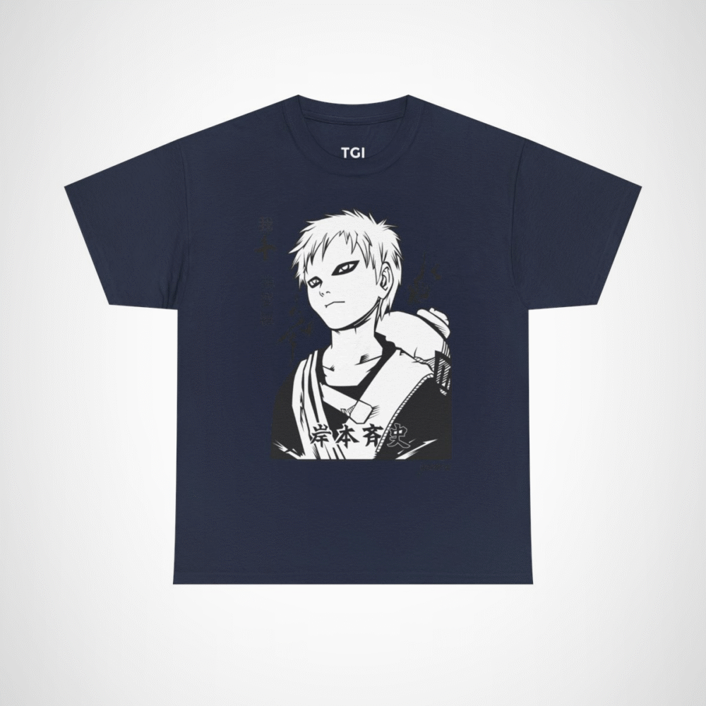 Monochrome manga character line art t-shirt for manga fans Navy colour