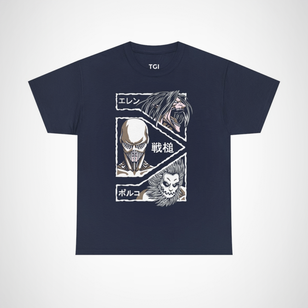 Attack on Titan inspired graphic t-shirt featuring epic designs Navy colour