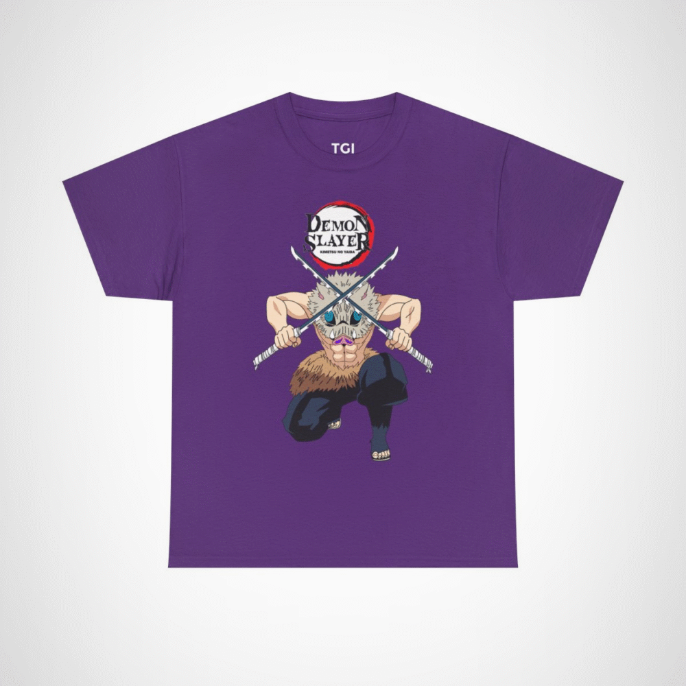 Demon Slayer T-Shirt with fierce warrior design and dual swords Purple colour