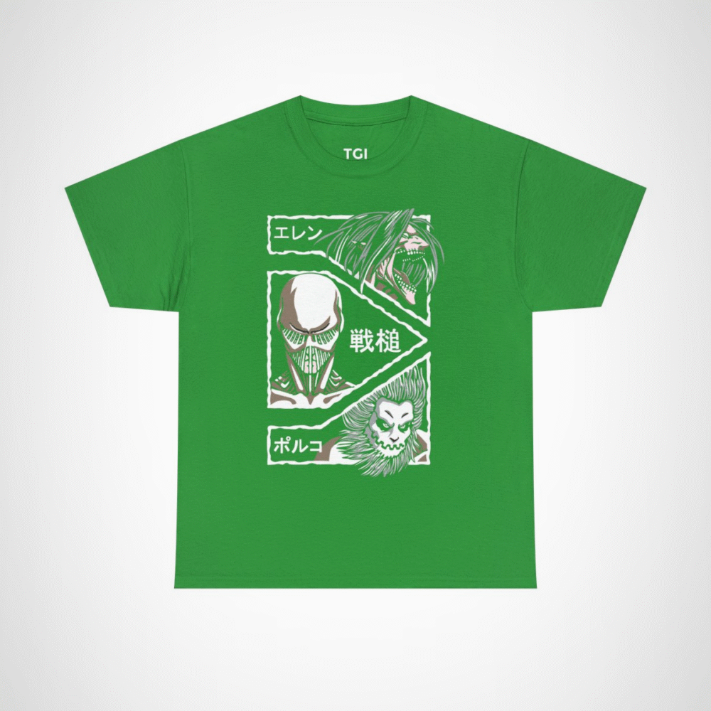 Attack on Titan inspired graphic t-shirt featuring epic designs Irish Green colour