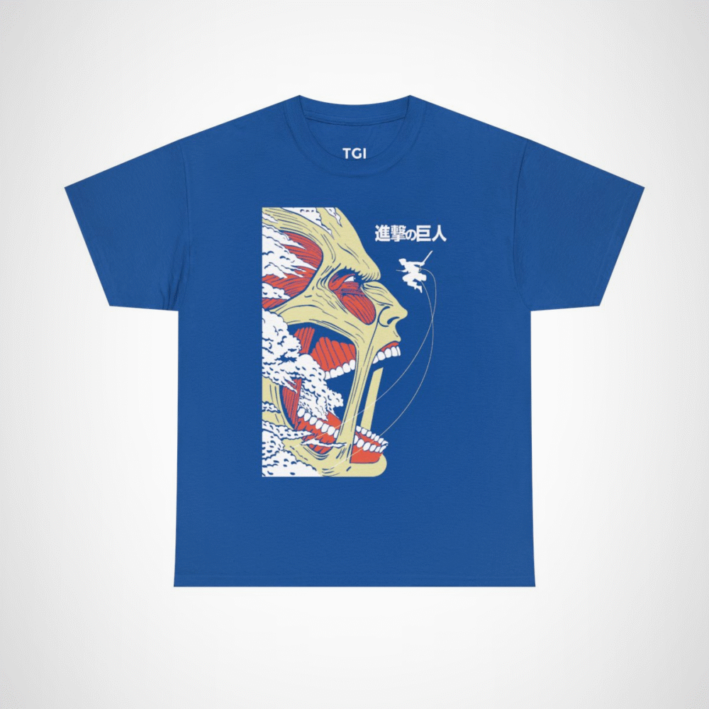Epic Titan Face Attack on Titan T-Shirt showcasing bold anime design Royal colour
