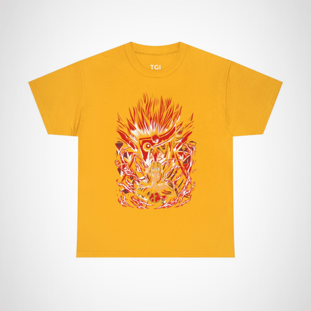 Epic Fire Ninja T-Shirt featuring a powerful ninja and fiery design Gold colour