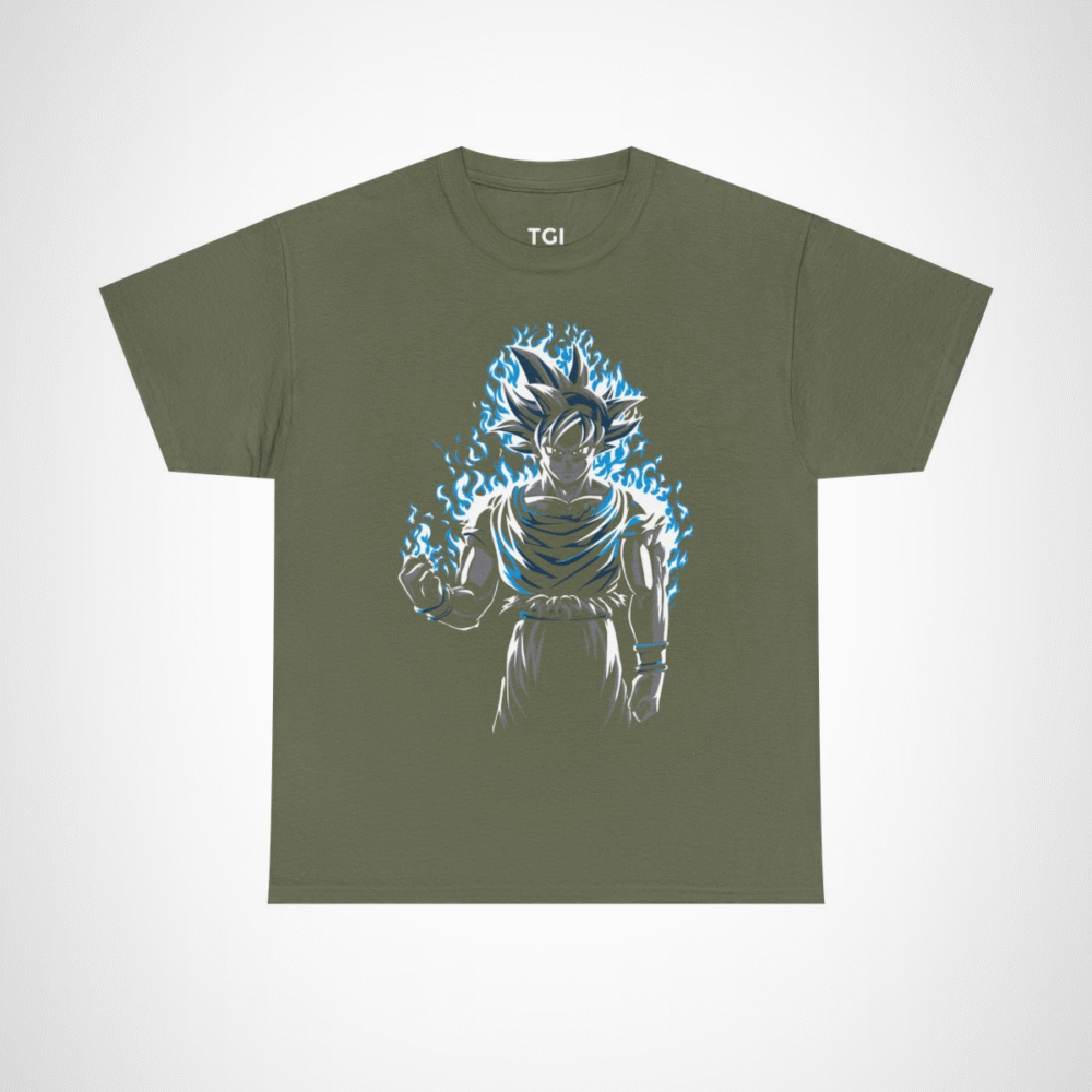 Epic Saiyan Power T-Shirt featuring a character surrounded by blue flames Military Green colour