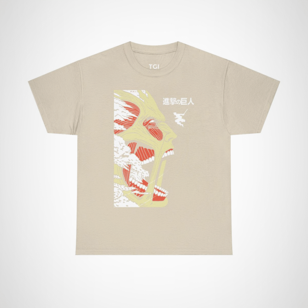 Epic Titan Face Attack on Titan T-Shirt showcasing bold anime design Sand colour